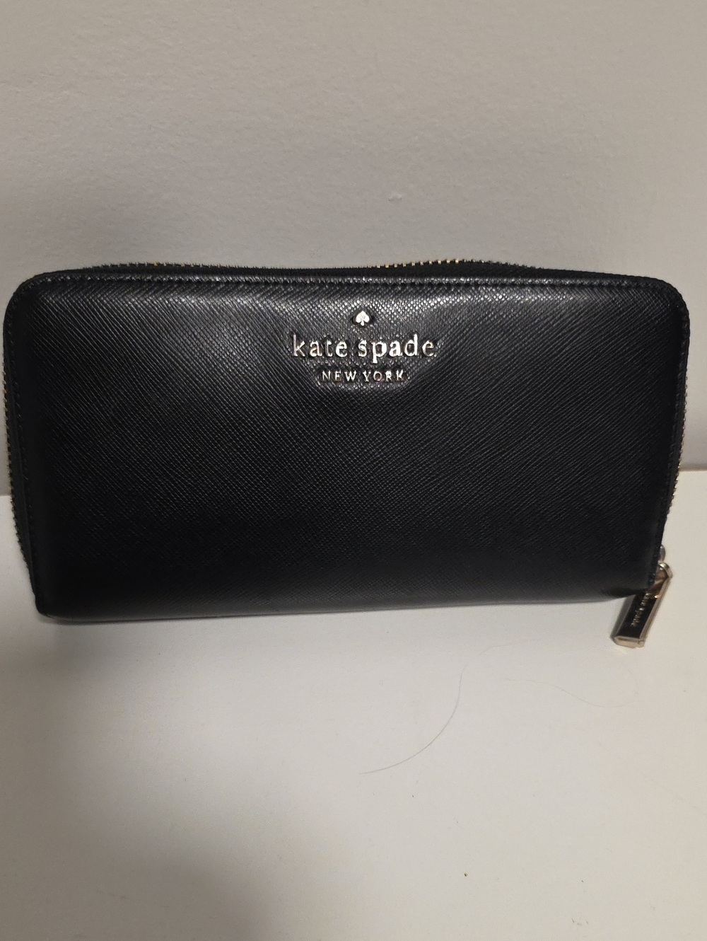 kate spade Black Leather Zip Wallet with Gold Logo